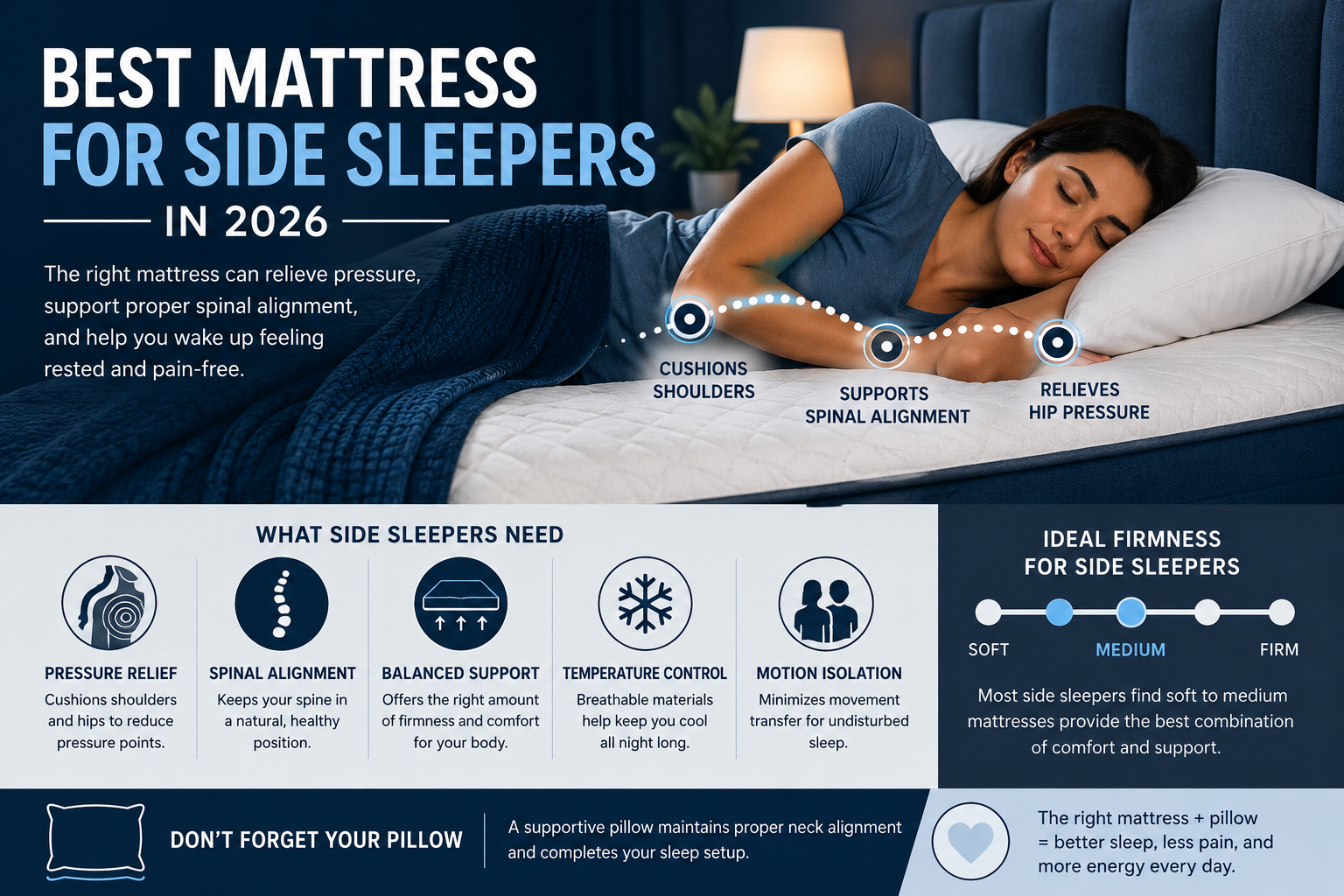 Infographic illustrating the best mattress features for side sleepers in 2026, highlighting benefits like pressure relief, spinal alignment, and ideal firmness options.