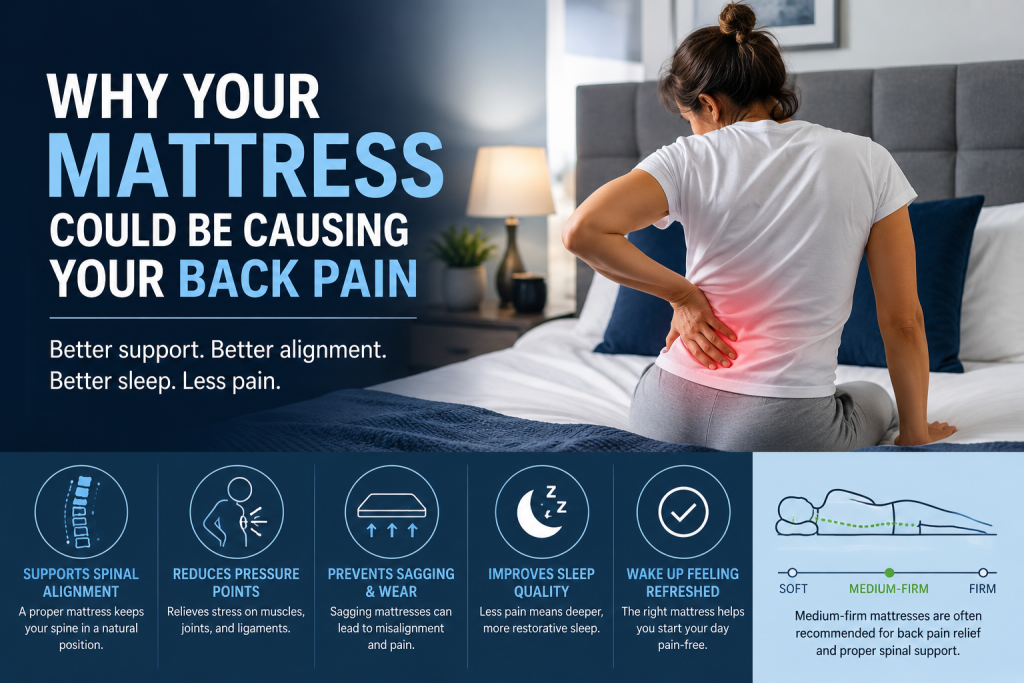 A person in a t-shirt experiencing back pain while sitting on a bed, with a focus on the lower back area. The image includes text promoting proper mattress support and features related to spinal alignment, pressure point reduction, and sleep quality.