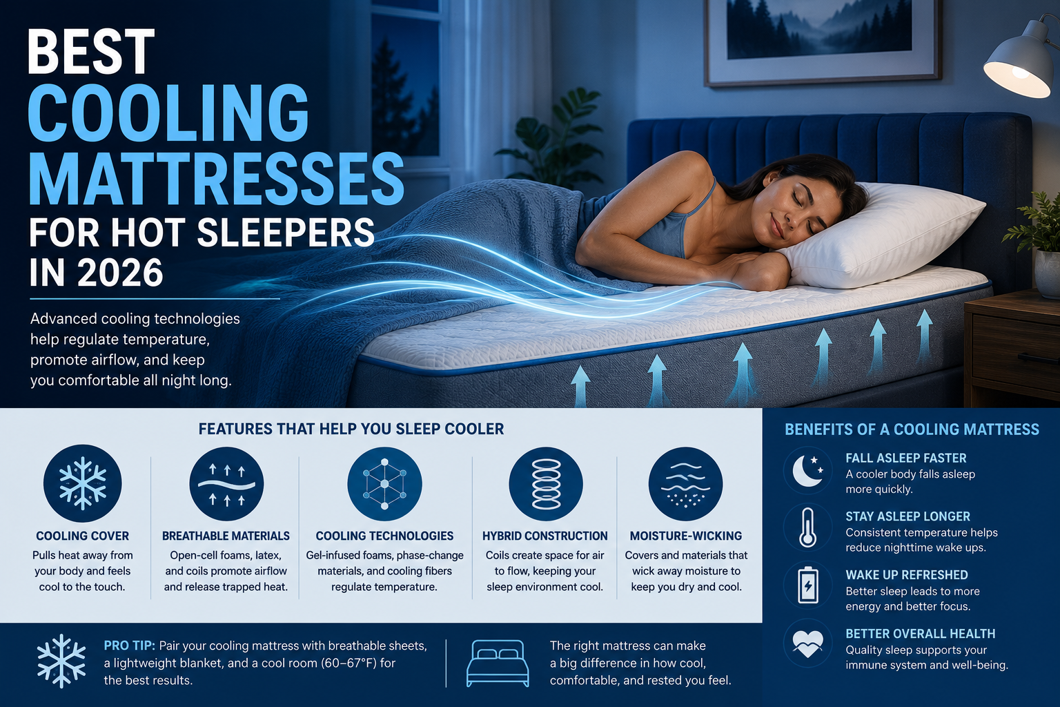 Infographic showcasing the best cooling mattresses for hot sleepers in 2026, featuring a person sleeping comfortably on a mattress with airflow graphics, highlighting advanced cooling technologies, breathable materials, and benefits of cooling mattresses.