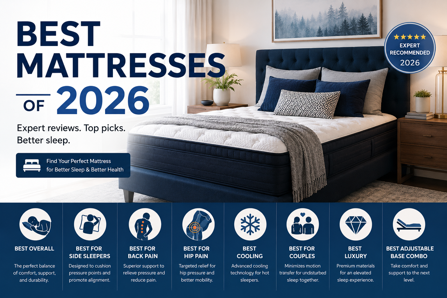A visually appealing bedroom setting showcasing a comfortable mattress on a dark blue bed frame, accompanied by decorative pillows and a cozy throw. The image features informative text highlighting the 'Best Mattresses of 2026' with categories like 'Best Overall,' 'Best for Side Sleepers,' and others, emphasizing expert recommendations and reviews for better sleep.
