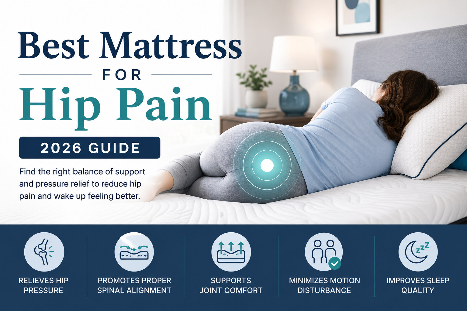 An infographic titled 'Best Mattress for Hip Pain 2026 Guide' featuring a person sleeping on their side on a mattress, with emphasis on hip support. The design includes icons highlighting benefits such as relieving hip pressure, promoting spinal alignment, supporting joint comfort, minimizing motion disturbance, and improving sleep quality.