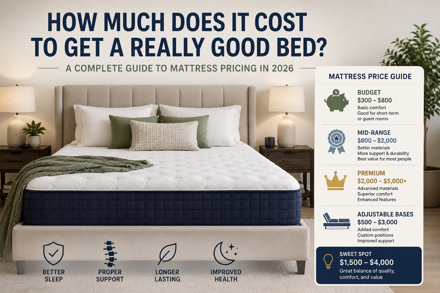 Infographic detailing mattress pricing categories for 2026, including budget, mid-range, premium, and adjustable bases, alongside benefits of each type.