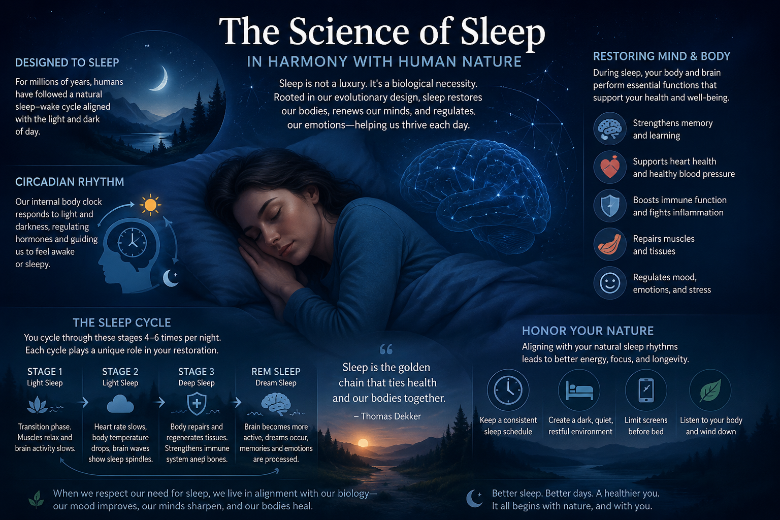An infographic titled 'The Science of Sleep' explains the importance of sleep for health and well-being, featuring sections on sleep design, circadian rhythm, sleep cycle stages, and tips for honoring natural sleep patterns. It includes illustrations of a sleeping person, brain functions during sleep, and natural elements like mountains and the moon.